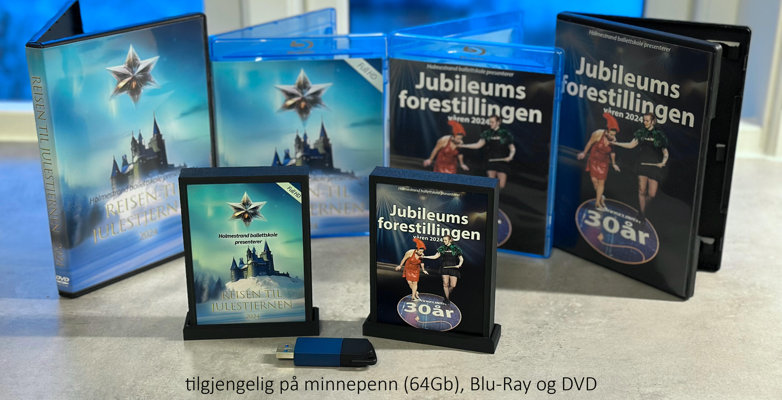 Produktfoto av filmer på minnepenn, BluRay og DVD